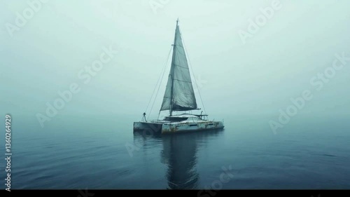 Weathered Catamaran Drifts Alone in the Vast Empty Ocean as Torn Sails Flap Lightly and Algae Clings to Its Hull While an Eerie Stillness and Misty Haze Create a Haunting Sense of Isolation photo