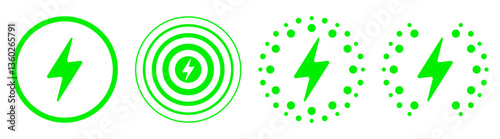 Energy symbol set icon. Lightning bolt in circle and patterns represents power, electricity, voltage and eco energy.