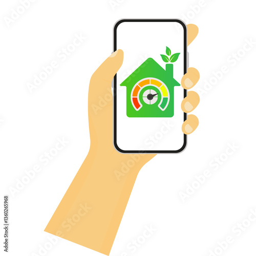 Smart energy set icon. Smartphone screen with eco house, consumption scale and green leaves symbolizes energy efficiency, home monitoring and sustainable technology.