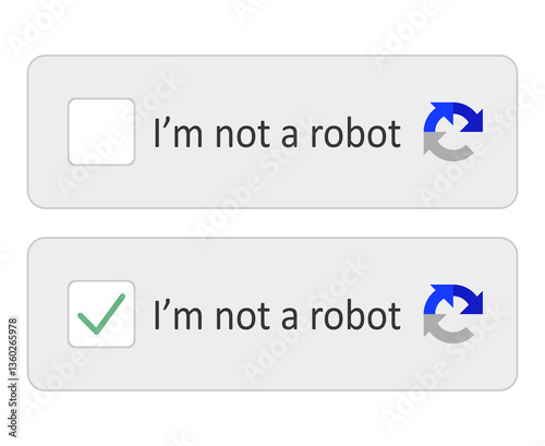 Captcha check set icon. Verification checkbox with checkmark for user authentication, bot protection and secure access.