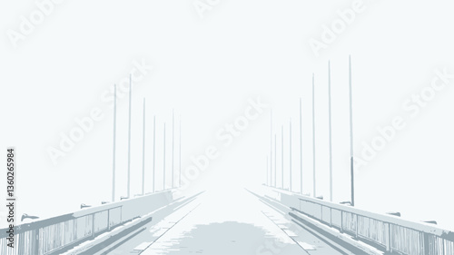 The image shows a long shot of a suspension bridge extending into a dense fog. The bridge is predominantly white or light gray, with parallel vertical cables creating strong lines converging
