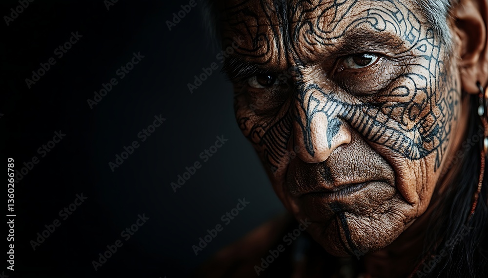 Close Up Portrait Of An Elderly Person With Intricate Facial Patterns Close Up Portrait Of An Elderly Person With Intricate Facial Patterns
