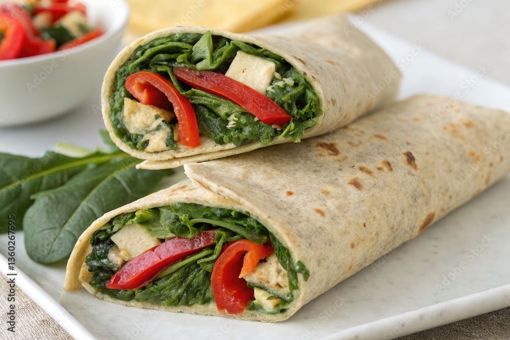 Delicious Spinach and Red Pepper Wrap Prepared for Lunch Generative AI Delicious Spinach and Red Pepper Wrap Prepared for Lunch Generative AI