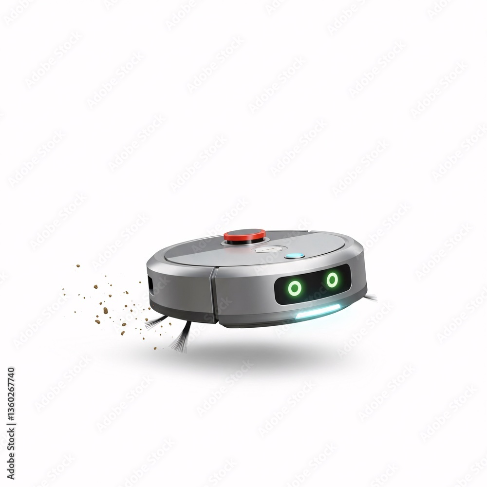 Fototapeta premium Cartoon Robot Vacuum Cleaning Crumbs