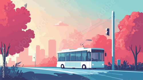 A vector illustration depicting a white city bus parked on a road lined with stylized trees with pink and red foliage. The background features a hazy sunrise over a city skyline. The overall style
