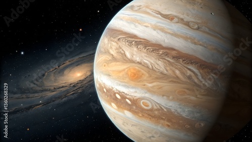 Jupiter planet with great red spot and distant galaxy view