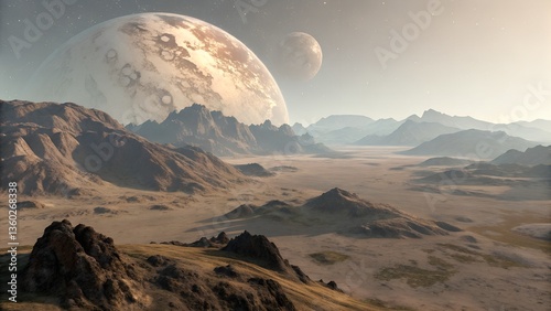 Alien landscape with twin moons in surreal desert terrain
