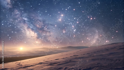 Snowy landscape under starry sky with galaxy and sunrise
