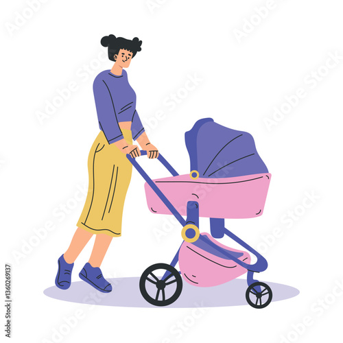 Young Woman Parent Walking with Baby Carriage Vector Illustration
