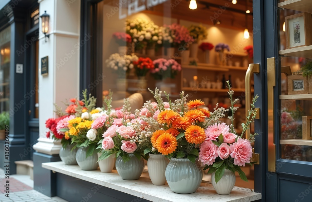 Fototapeta premium Charming flower shop facade, stylish entrance windows. Modern exterior, floral boutique retail business store. Fresh flowers in vases on display, decorative style. City street view, trendy commercial