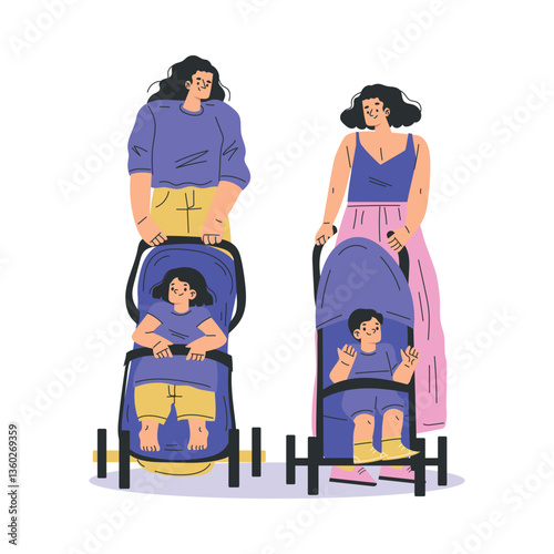 Young Woman Parent Walking with Baby Carriage Vector Illustration