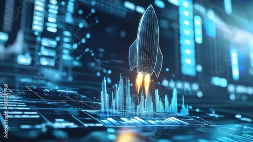 A high-tech startup dashboard with a digital rocket launch graphic, symbolizing business acceleration and success.