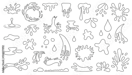 Big Set of Water drops, sea and ocean waves. Liquid elements, cry droplet icons collection. Ink, honey, sauce, blood, river splashes and fluid. Vector outline doodle illustration on white background
