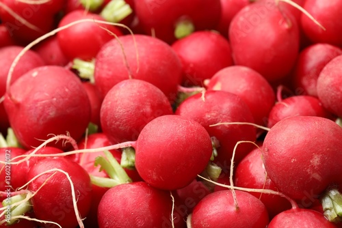 Many fresh radishes as background, closeup view