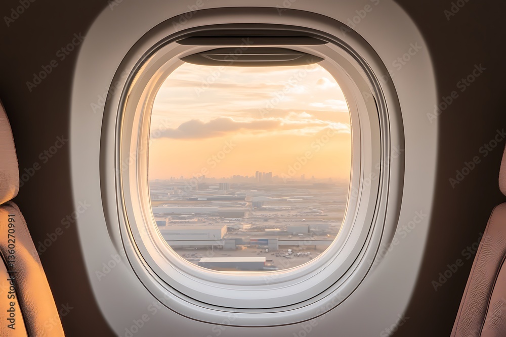 Airplane Window Sunset View Cityscape Aerial Airplane Window Sunset View Cityscape Aerial