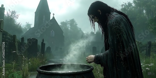 Man brews potion with graveyard church.