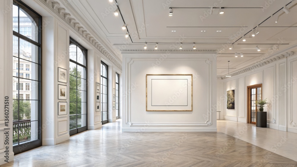 Fototapeta premium A modern art gallery featuring large windows, elegant decor, and an empty wall, ready for artwork display.