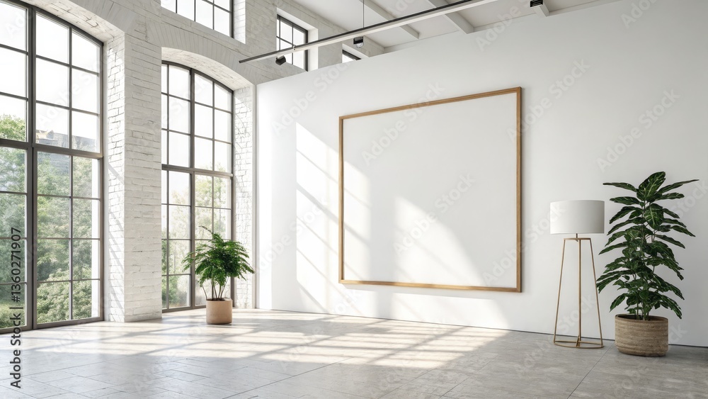 A bright, minimalist interior featuring large windows, a blank picture frame, a potted plant, and a floor lamp, creating an inviting and airy atmosphere. A bright, minimalist interior featuring large windows, a blank picture frame, a potted plant, and a floor lamp, creating an inviting and airy atmosphere.