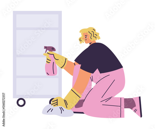 Cleaning with Woman Character in Gloves with Spray Do Cleanup Vector Illustration
