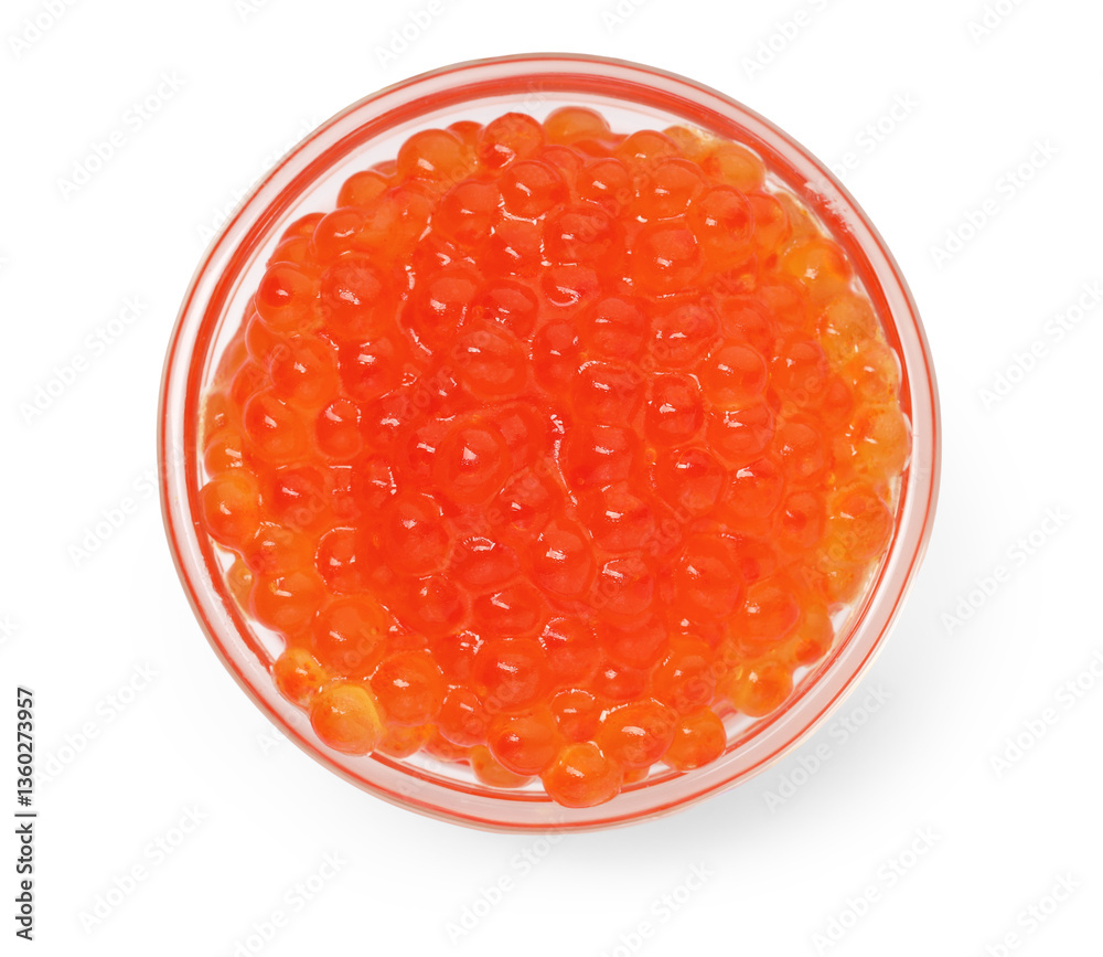 Delicious red caviar in bowl isolated on white, top view Delicious red caviar in bowl isolated on white, top view
