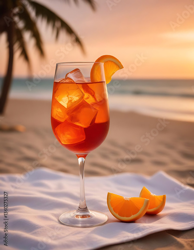 Refreshing aperol spritz with orange slices on tropical beach at sunset.