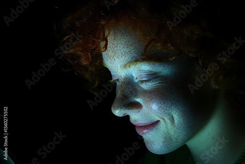 Closeup Portrait Of A Smiling Young Woman With Red Curly Hair And Freckles Lit By Soft Blue Light