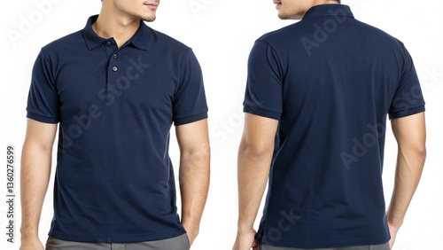 A navy blue polo shirt mockup template with front and back view, isolated on a white background. Mock-up of a man's t-shirt for design presentation or ...