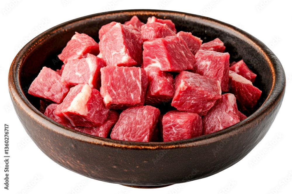 Raw beef cubes in wooden bowl isolated Raw beef cubes in wooden bowl isolated