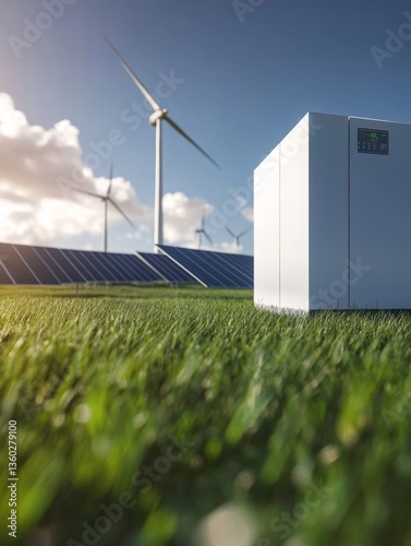 Renewable energy system with battery, solar panels and wind turbine

