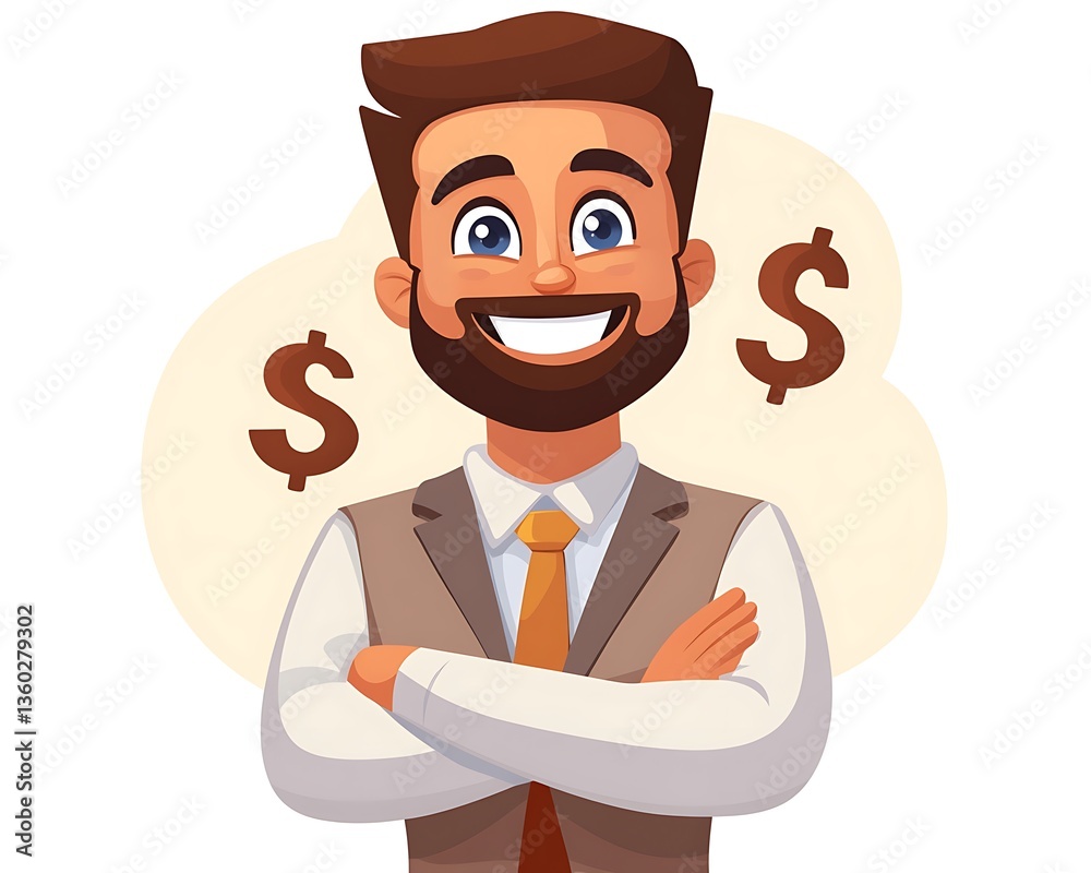 Smiling man with crossed arms and dollar signs suggesting wealth Smiling man with crossed arms and dollar signs suggesting wealth
