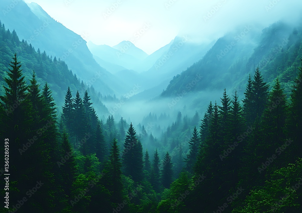 Fototapeta premium Misty Mountain Forest Valley.