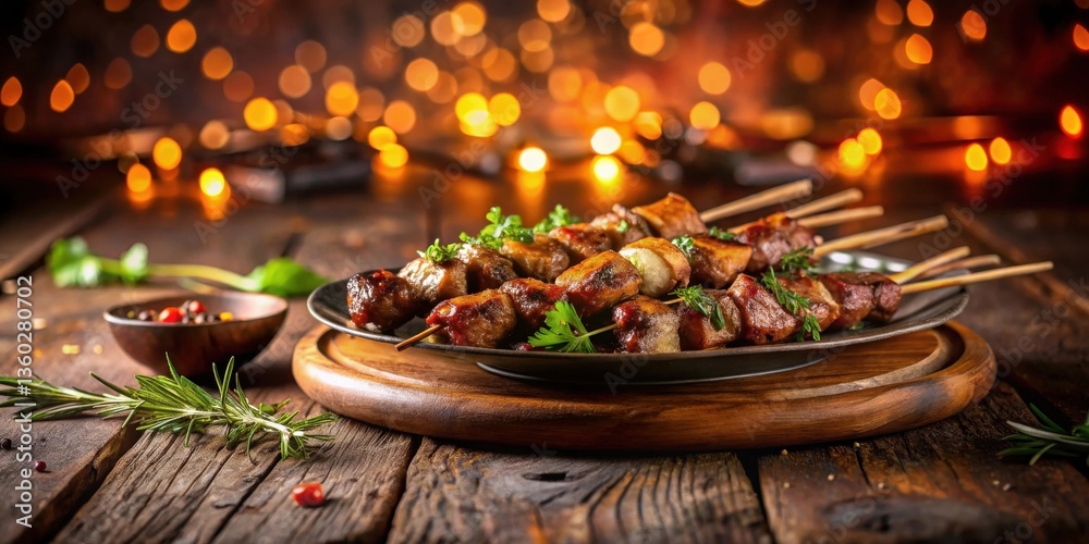 Delicious Grilled Meat Skewers on Rustic Wooden Table with Warm Festive Lighting Delicious Grilled Meat Skewers on Rustic Wooden Table with Warm Festive Lighting