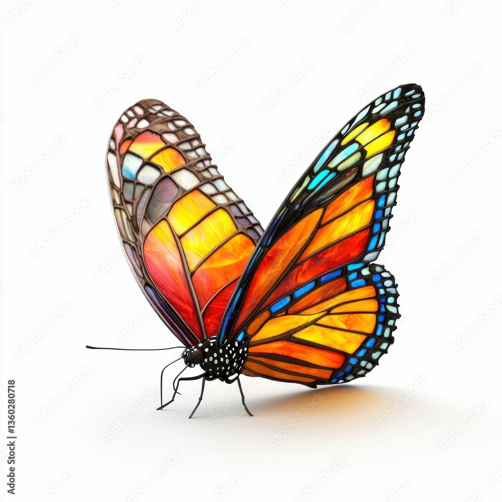 Fototapeta premium A beautifully detailed monarch butterfly perched, showcasing its vibrant orange, yellow, and blue wings.