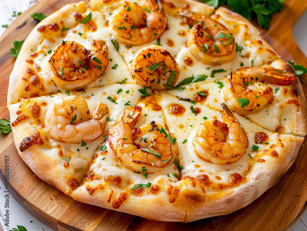 Fototapeta premium Top-Down View of an Exquisite Shrimp Alfredo Pizza Artfully Crafted on a Rustic Wooden Board Surrounded by Fresh Ingredients and an Inviting Atmosphere