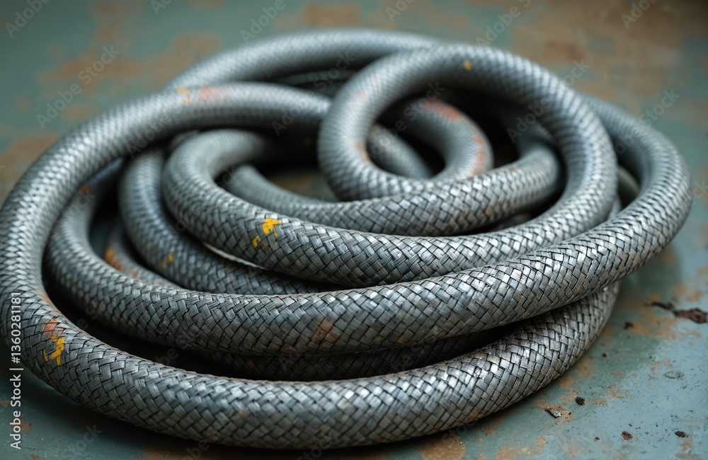 Obraz premium Close-up coiled stainless steel braided flex hose industrial plumbing detail. Metallic gray color. Heavy duty industrial equipment, chemical transportation, fluid flow, engineering tech background.