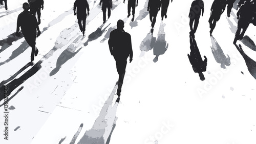 High-angle, black and white image depicting a crowd of people walking in an urban setting.  The figures are rendered as silhouettes, with elongated shadows cast on a textured ground. The