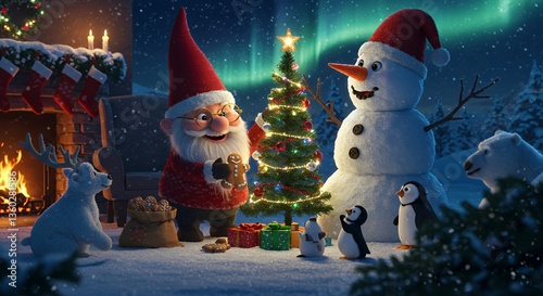 A joyous winter holiday scene with festive characters celebrating Christmas