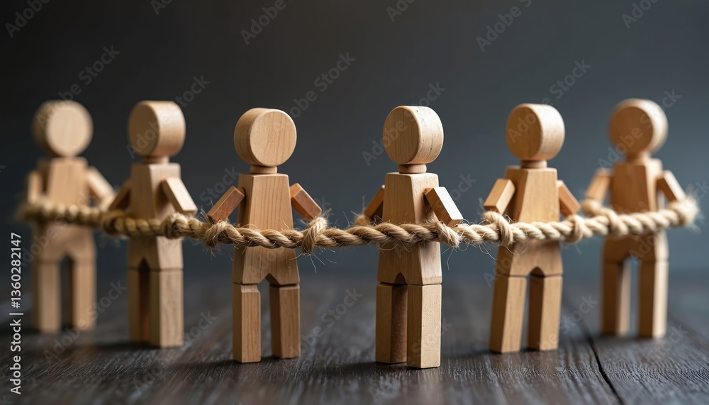 Obraz premium Group wooden figures hold rope, dark background. Teamwork, unity concept. Cooperation, partnership, support, community. Represents strength, connection, collaboration, business success, solidarity.