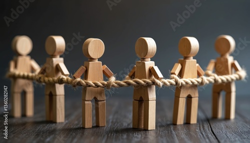 Group wooden figures hold rope, dark background. Teamwork, unity concept. Cooperation, partnership, support, community. Represents strength, connection, collaboration, business success, solidarity.