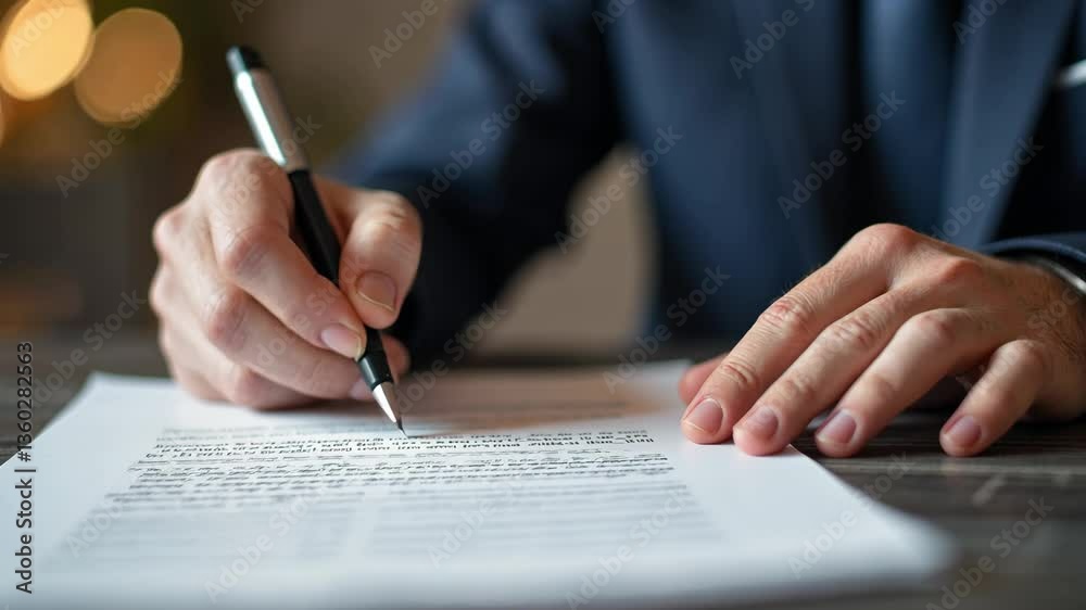 Close-up of Hand Holding Pen While Signing Document on Wooden Table Surrounded by Warm Ambient Light Close-up of Hand Holding Pen While Signing Document on Wooden Table Surrounded by Warm Ambient Light