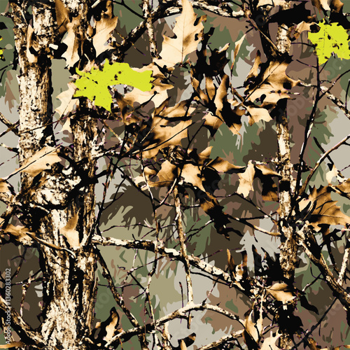 Vector real tree hunting camouflage seamless pattern texture. Camo pattern, hunting seamless pattern. hunting camo. Vector camouflage