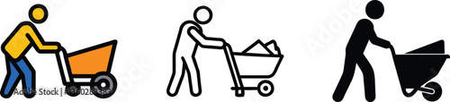 Person Pushing Wheelbarrow Icons Color, Line Art, and Silhouette