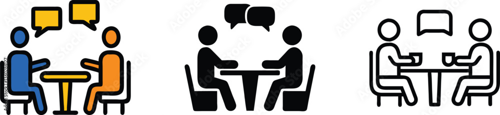 Communication, Collaboration, Meeting, Discussion, Teamwork, Icons, People, Table, Chairs, Dialogue Communication, Collaboration, Meeting, Discussion, Teamwork, Icons, People, Table, Chairs, Dialogue