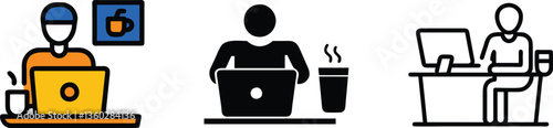 Remote Work, Coffee Break, Laptop, Desk, Office, Person, Icons, Computer, Drink, Worker