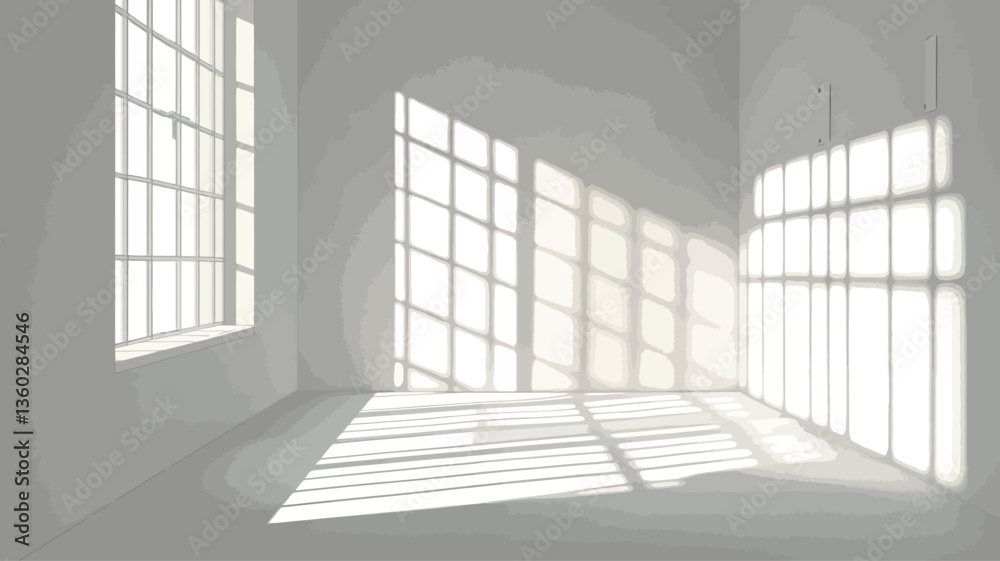 The image shows a minimalist interior space with white walls and floor. Large windows on three walls allow sunlight to stream into the room, casting distinct geometric shadows on the floor and The image shows a minimalist interior space with white walls and floor. Large windows on three walls allow sunlight to stream into the room, casting distinct geometric shadows on the floor and