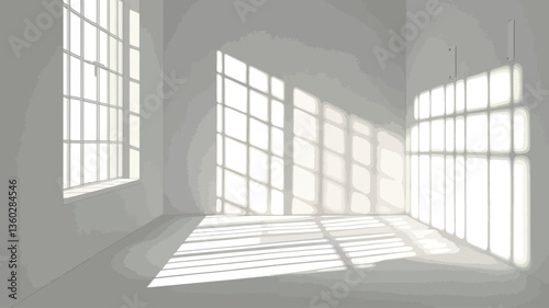 The image shows a minimalist interior space with white walls and floor.  Large windows on three walls allow sunlight to stream into the room, casting distinct geometric shadows on the floor and