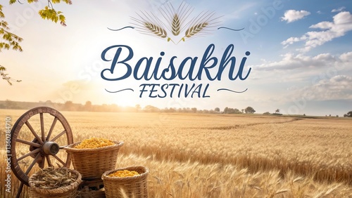 Traditional Baisakhi celebration with golden fields, sweets, and cultural elements.
