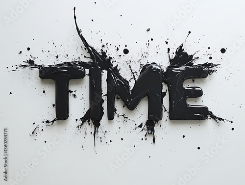 Black Paint Splatter Forming the Word Time on White Surface