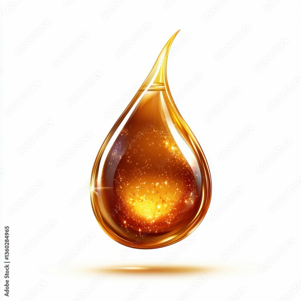 A single golden oil drop with sparkling particles, isolated against a white background. A single golden oil drop with sparkling particles, isolated against a white background.
