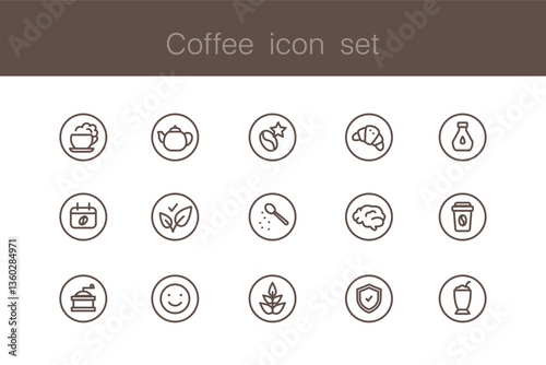 Set of cafe icons - coffee, cappuccino, croissant and others. Americano takeout. Coffee to go. Black icons isolated on white background. Coffee time, collection of signs.